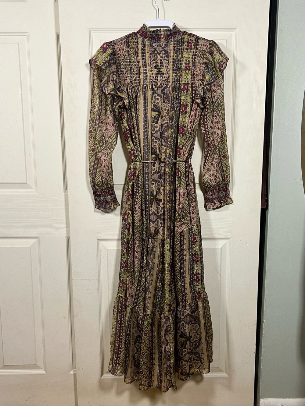 Anthropologie Llani Olive Green Boho Floral-Print Maxi Dress, tie waist, smocked - Picture 5 of 7